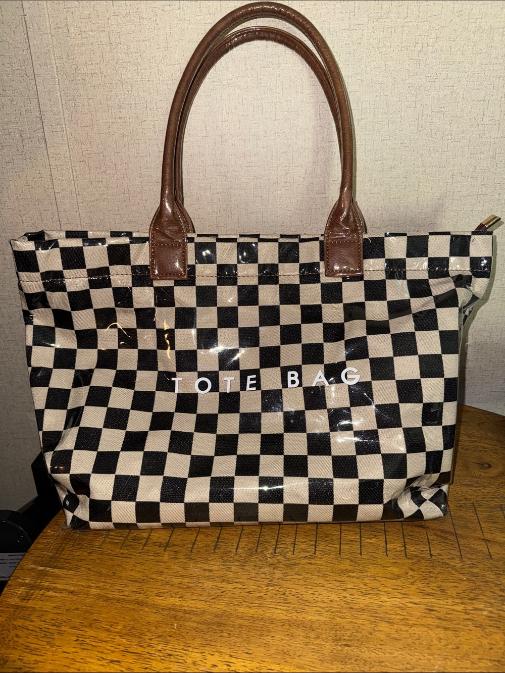 Checkerboard Tote in Black and Cream with Brown Handles
